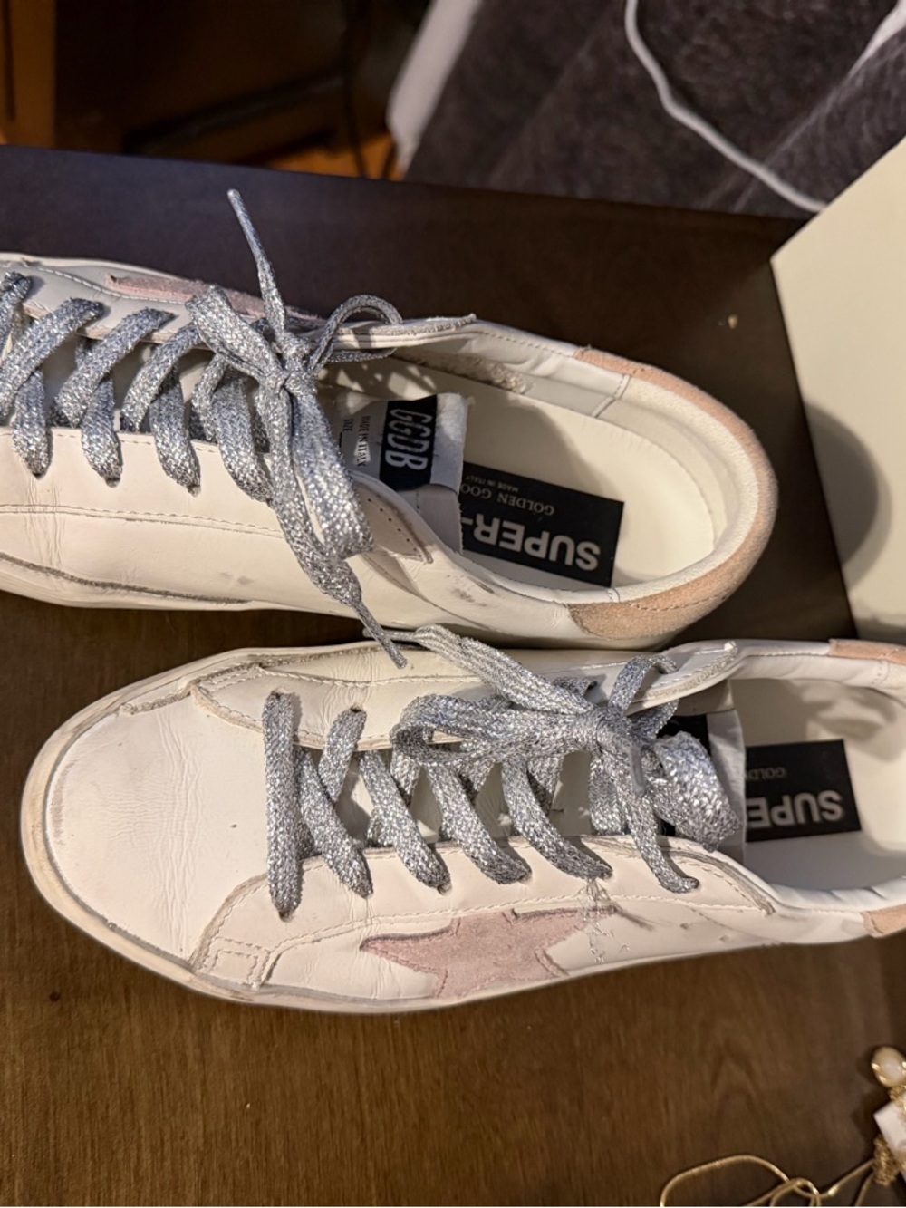 Golden Goose White Leather Sneakers with Silver Laces and Pink Star